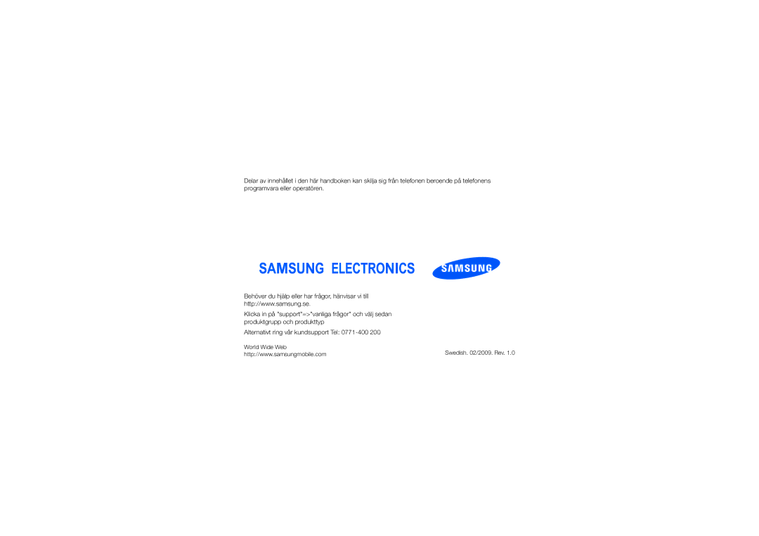 Samsung GT-I7110OAAXEE manual Swedish /2009. Rev 