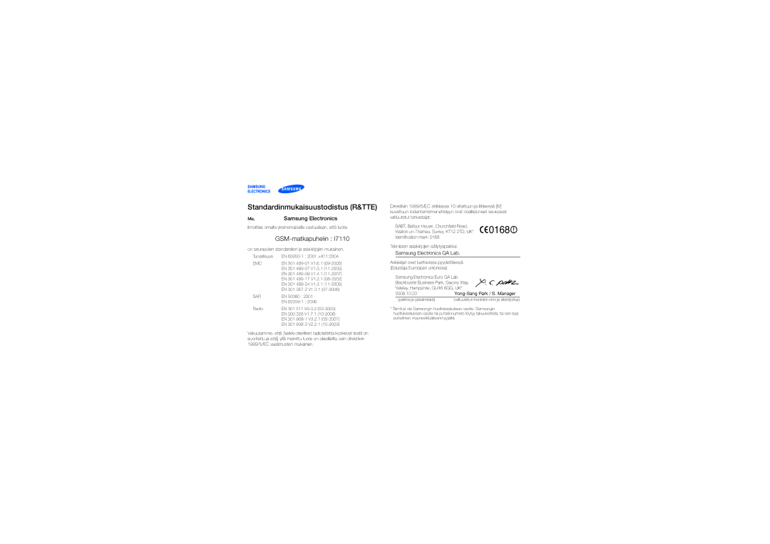 Samsung GT-I7110OAAXEE manual Standardinmukaisuustodistus R&TTE, GSM-matkapuhelin 