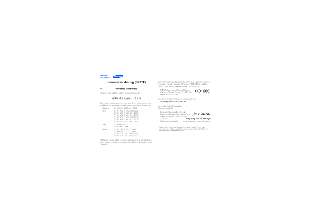 Samsung GT-I7110OAAXEE manual Samsvarserklæring R&TTE 