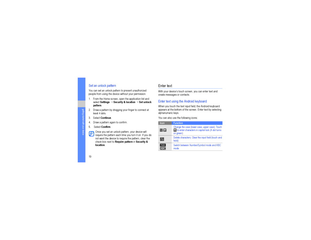 Samsung GT-I7500L user manual Set an unlock pattern, Enter text using the Android keyboard 