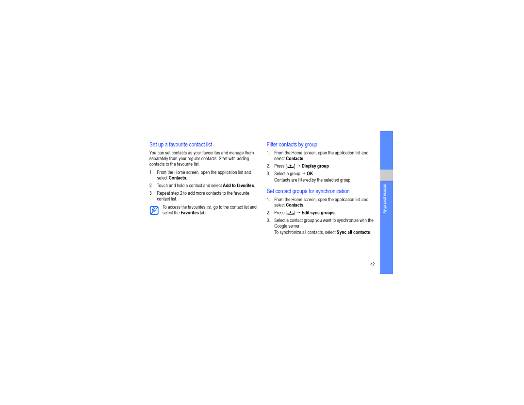 Samsung GT-I7500L Set up a favourite contact list, Filter contacts by group, Set contact groups for synchronization 