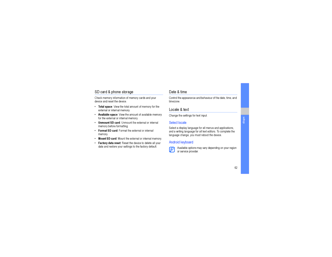 Samsung GT-I7500L user manual SD card & phone storage, Date & time, Locale & text, Select locale, Android keyboard 