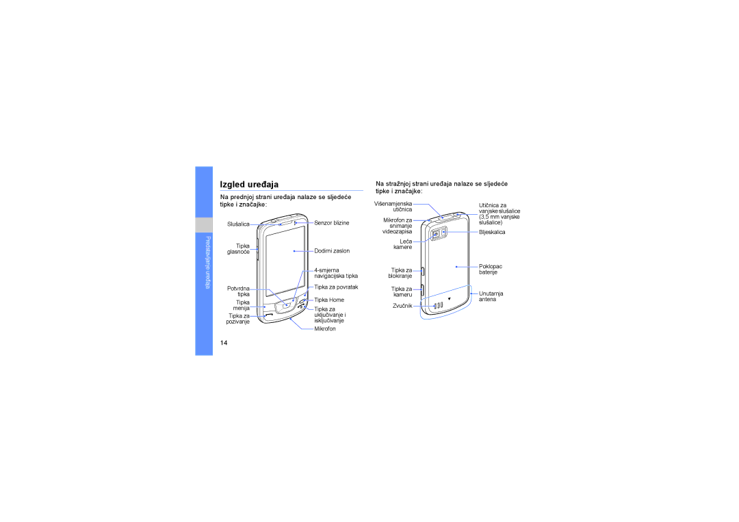 Samsung GT-I7500OKABOG, GT-I7500OKATWO, GT-I7500DKAVIP, GT-I7500OKAVIP manual Izgled uređaja 