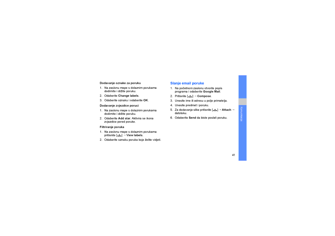 Samsung GT-I7500OKAVIP manual Slanje email poruke, Dodavanje oznake za poruku, Odaberite Change labels, Filtriranje poruka 