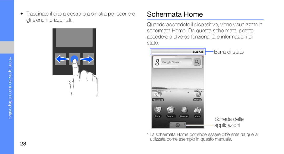 Samsung GT-I7500OKAITV, GT-I7500OKATIM, GT-I7500OKAOMN, GT-I7500OKAVDS manual Schermata Home, Scheda delle applicazioni 