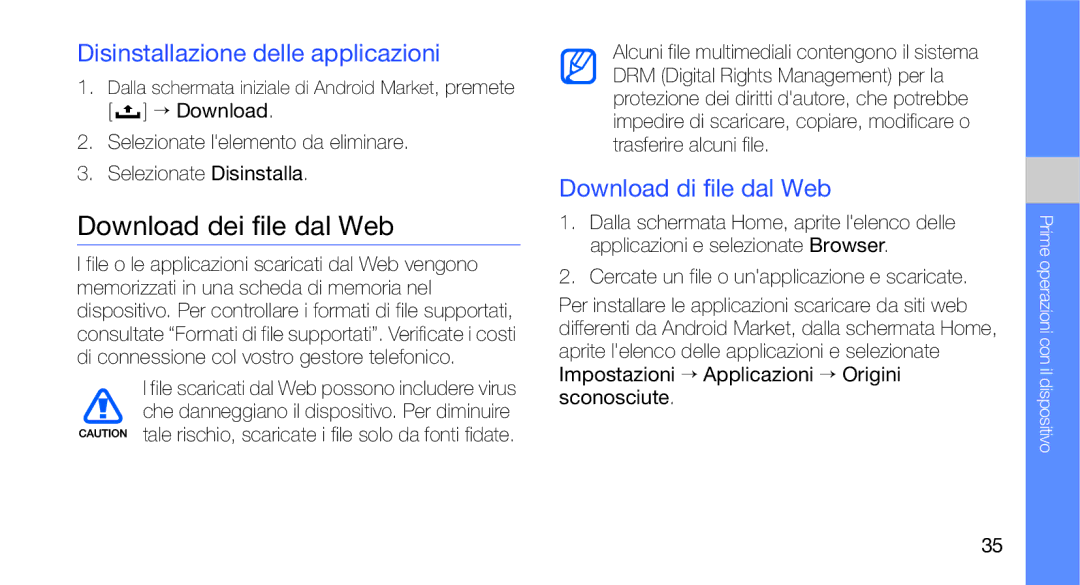 Samsung GT-I7500OKAOMN manual Download dei file dal Web, Disinstallazione delle applicazioni, Download di file dal Web 