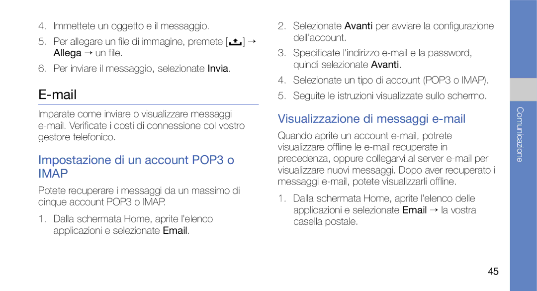 Samsung GT-I7500OKAOMN, GT-I7500OKATIM, GT-I7500OKAVDS, GT-I7500OKAWIN manual Mail, Impostazione di un account POP3 o 