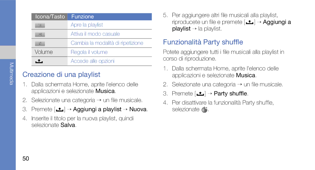 Samsung GT-I7500OKAOMN, GT-I7500OKATIM, GT-I7500OKAVDS, GT-I7500OKAWIN Creazione di una playlist, Funzionalità Party shuffle 