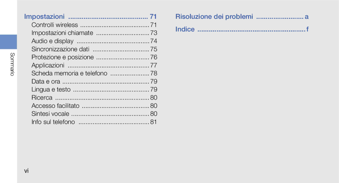 Samsung GT-I7500OKAOMN, GT-I7500OKATIM, GT-I7500OKAVDS, GT-I7500OKAWIN, GT-I7500OKAITV manual Risoluzione dei problemi Indice 