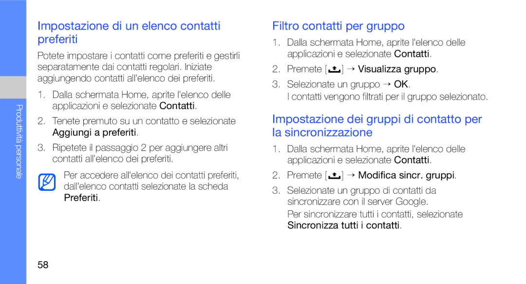 Samsung GT-I7500OKAITV, GT-I7500OKATIM manual Impostazione di un elenco contatti preferiti, Filtro contatti per gruppo 