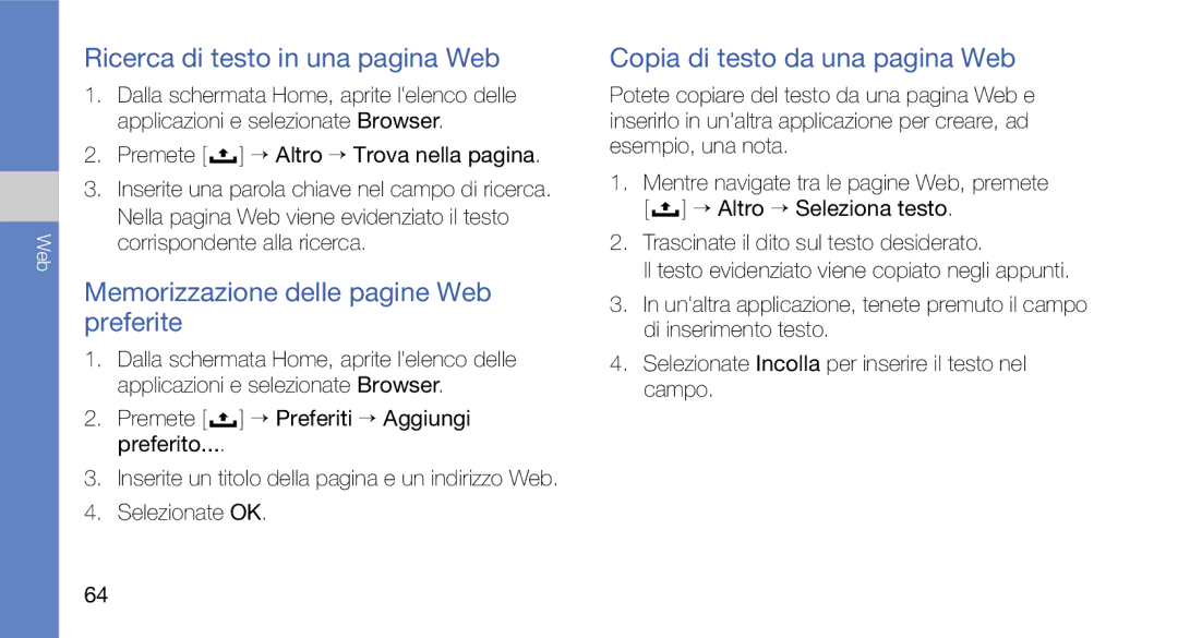 Samsung GT-I7500OKATIM, GT-I7500OKAOMN manual Ricerca di testo in una pagina Web, Memorizzazione delle pagine Web preferite 