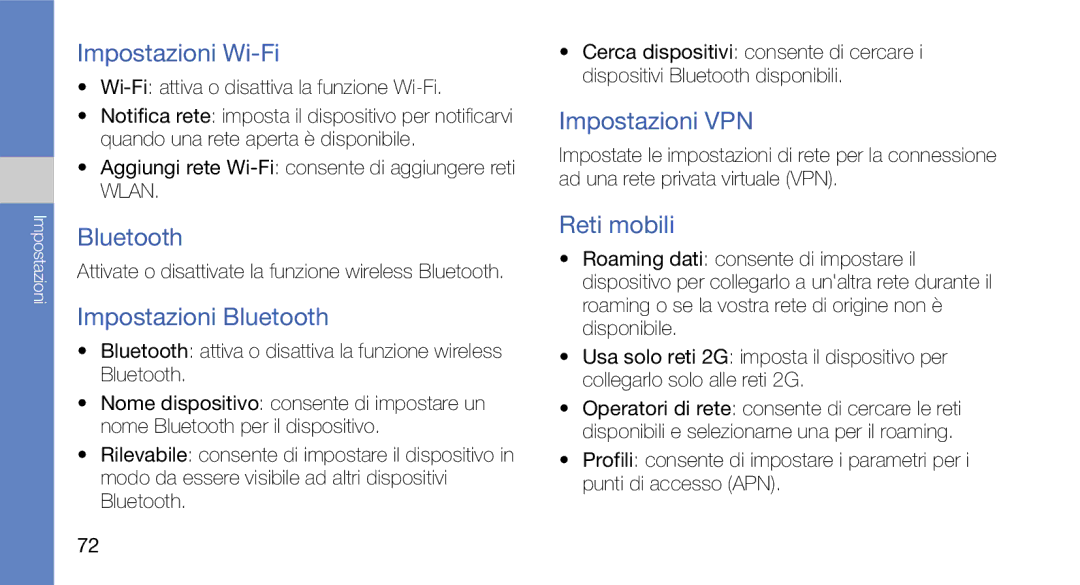 Samsung GT-I7500OKAWIN, GT-I7500OKATIM manual Impostazioni Wi-Fi, Impostazioni Bluetooth, Impostazioni VPN, Reti mobili 