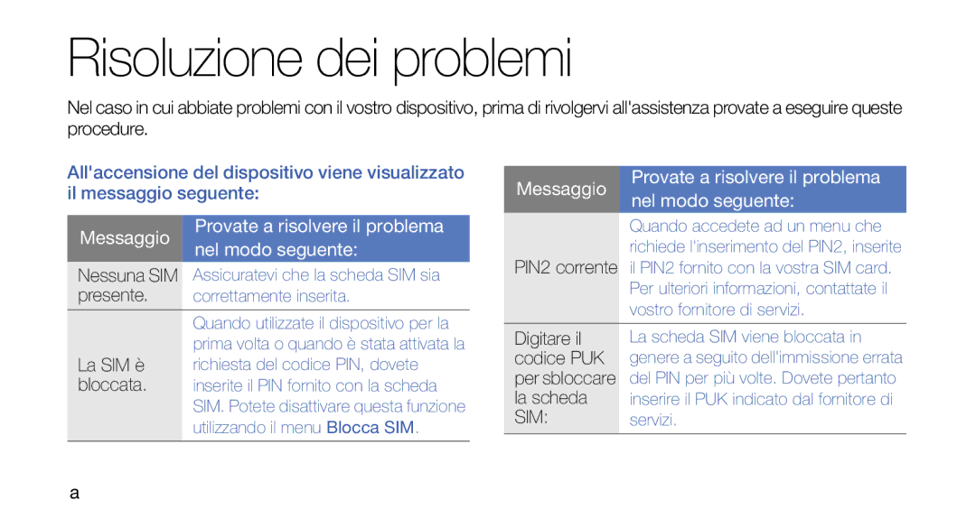 Samsung GT-I7500OKAWIN, GT-I7500OKATIM, GT-I7500OKAOMN, GT-I7500OKAVDS Digitare il, Codice PUK, Per sbloccare, La scheda 