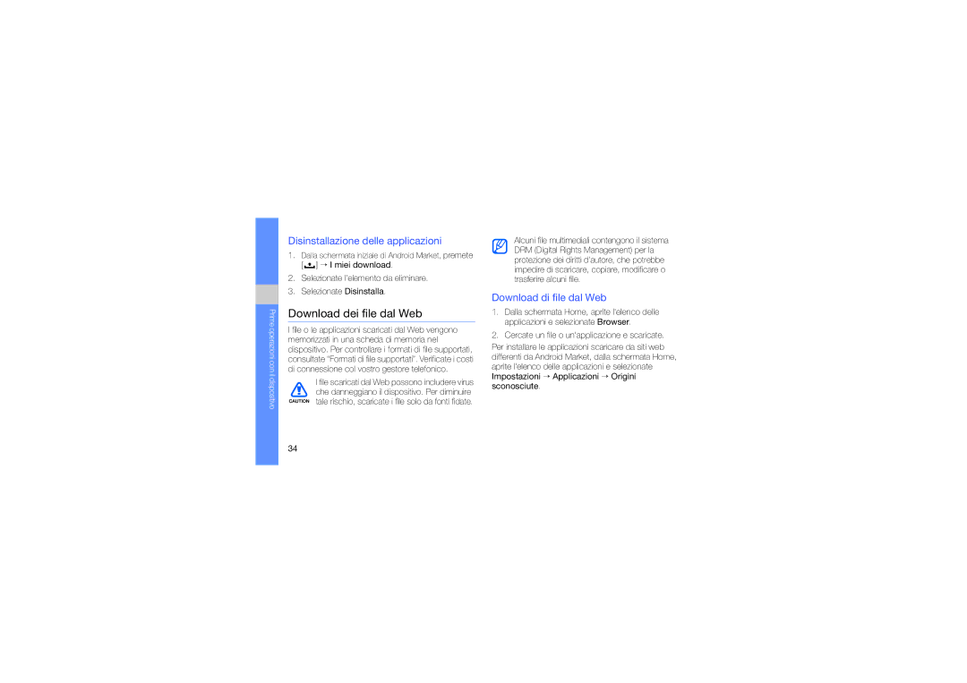 Samsung GT-I7500OKATIM manual Download dei file dal Web, Disinstallazione delle applicazioni, Download di file dal Web 