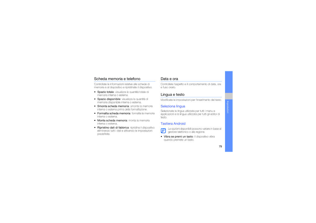 Samsung GT-I7500OKATIM manual Scheda memoria e telefono, Data e ora, Lingua e testo, Seleziona lingua, Tastiera Android 
