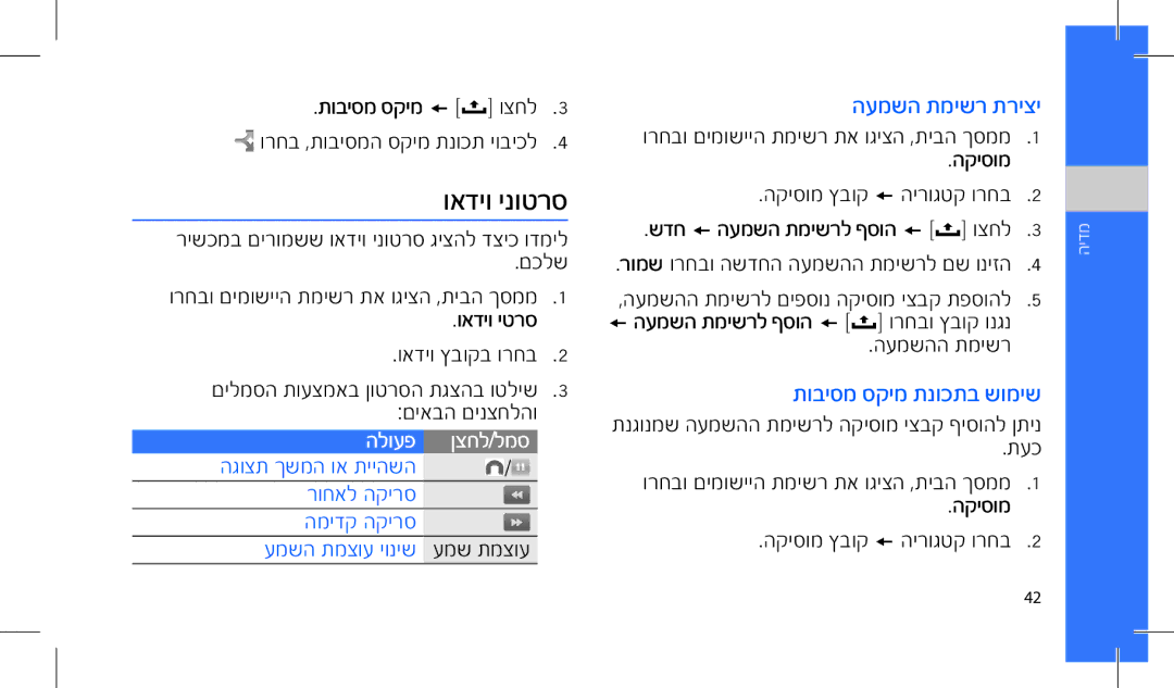 Samsung SWG-I7500OKPTR, GT-I7500OKAVIA, MUGI7500WSASTD manual ואדיו ינוטרס, העמשה תמישר תריצי, תוביסמ סקימ תנוכתב שומיש 