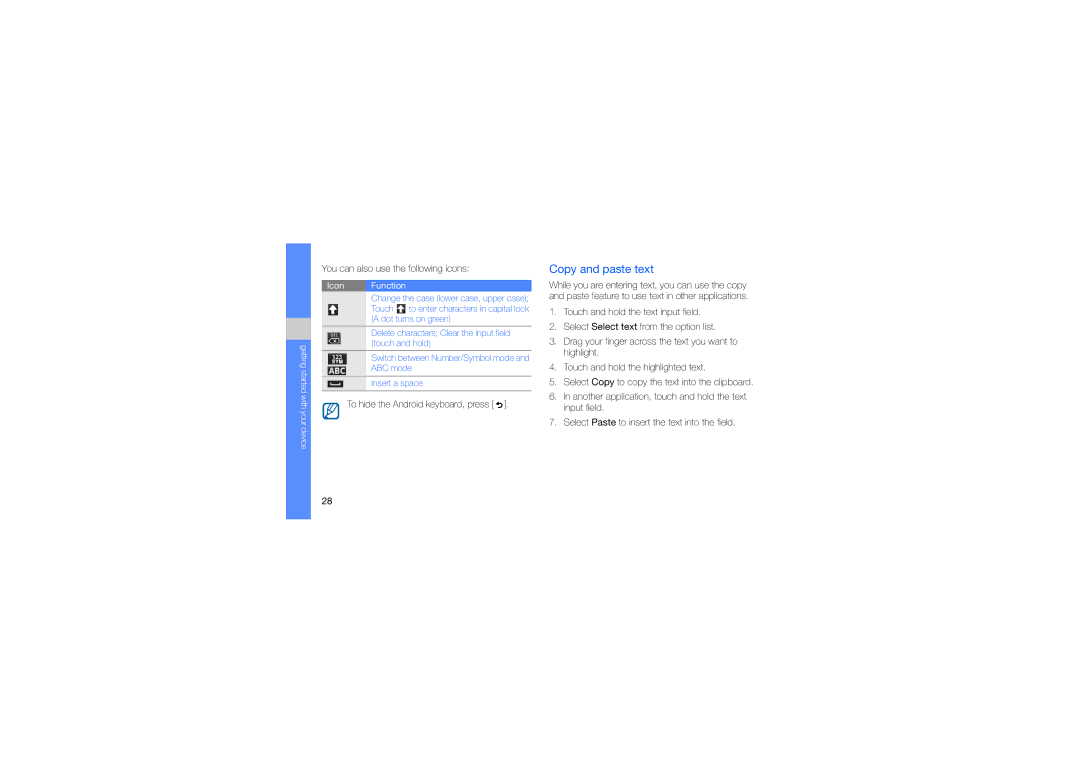 Samsung SWG-I7500OKCEL Copy and paste text, You can also use the following icons, To hide the Android keyboard, press 