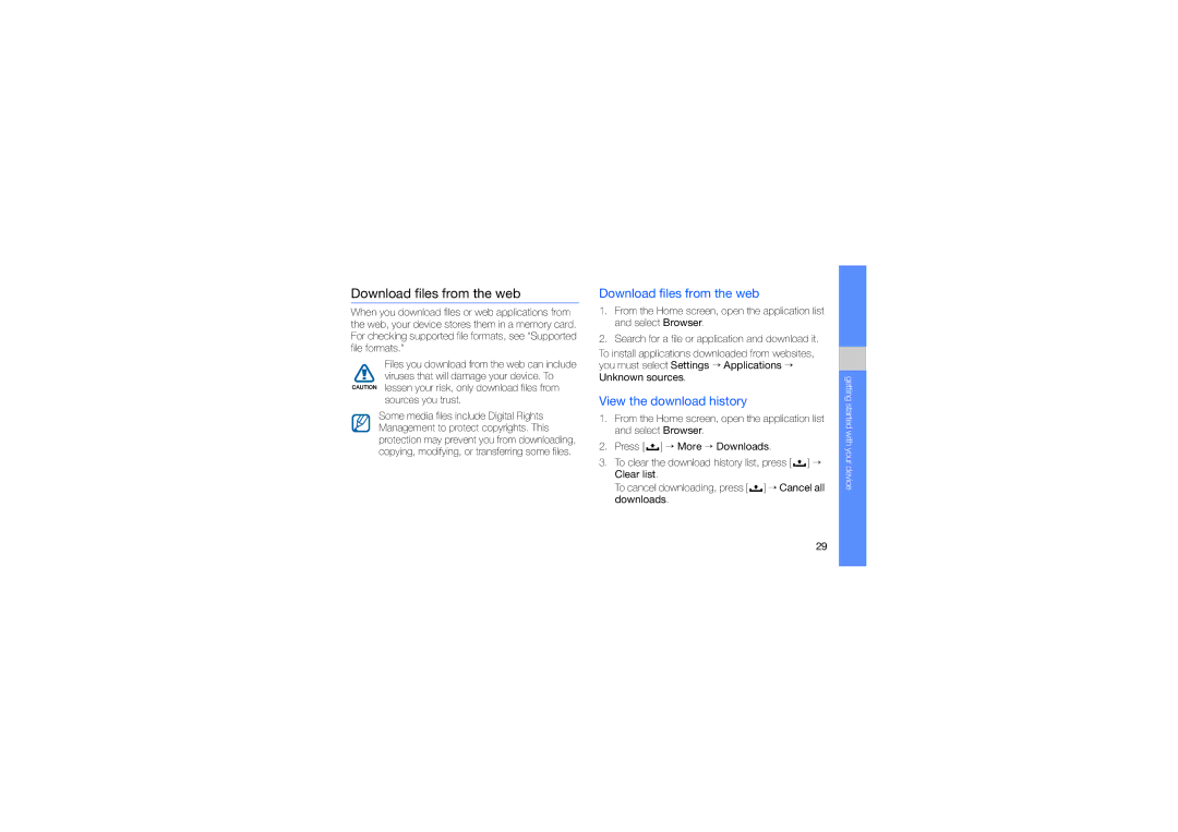 Samsung SWG-I7500WSPTR, GT-I7500OKAVIA, MUGI7500WSASTD manual Download files from the web, View the download history 