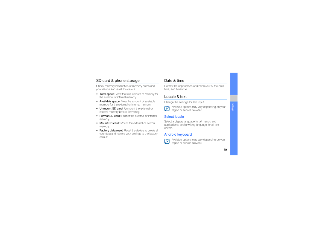 Samsung SWG-I7500WSPTR manual SD card & phone storage, Date & time, Locale & text, Select locale, Android keyboard 