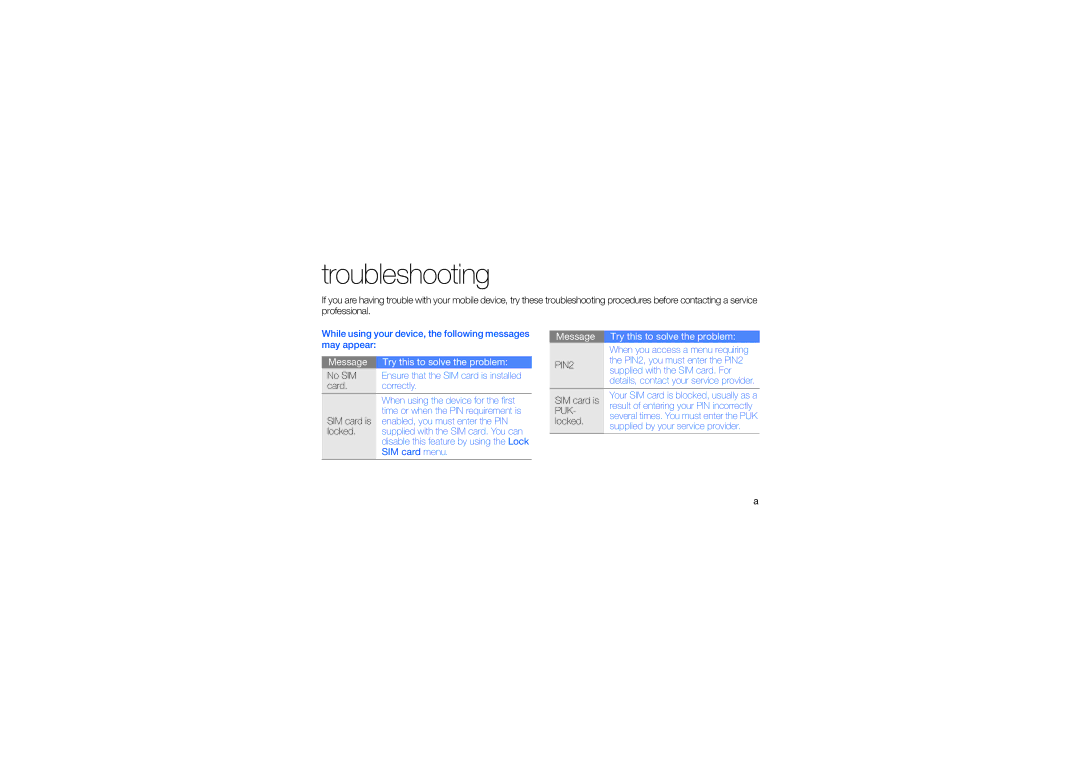 Samsung SWG-I7500OKPTR, GT-I7500OKAVIA, MUGI7500WSASTD, GT-I7500OKAPTR, SWG-I7500WSCEL, GT-I7500WSAPTR manual Troubleshooting 