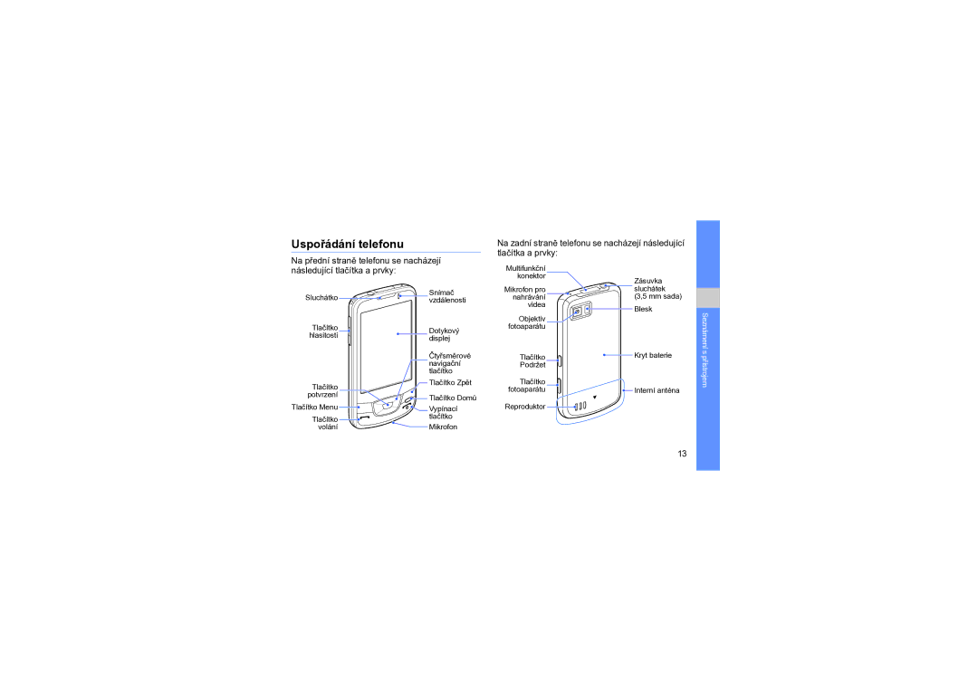 Samsung GT-I7500OKAXCS manual Uspořádání telefonu, Na přední straně telefonu se nacházejí Tlačítka a prvky 