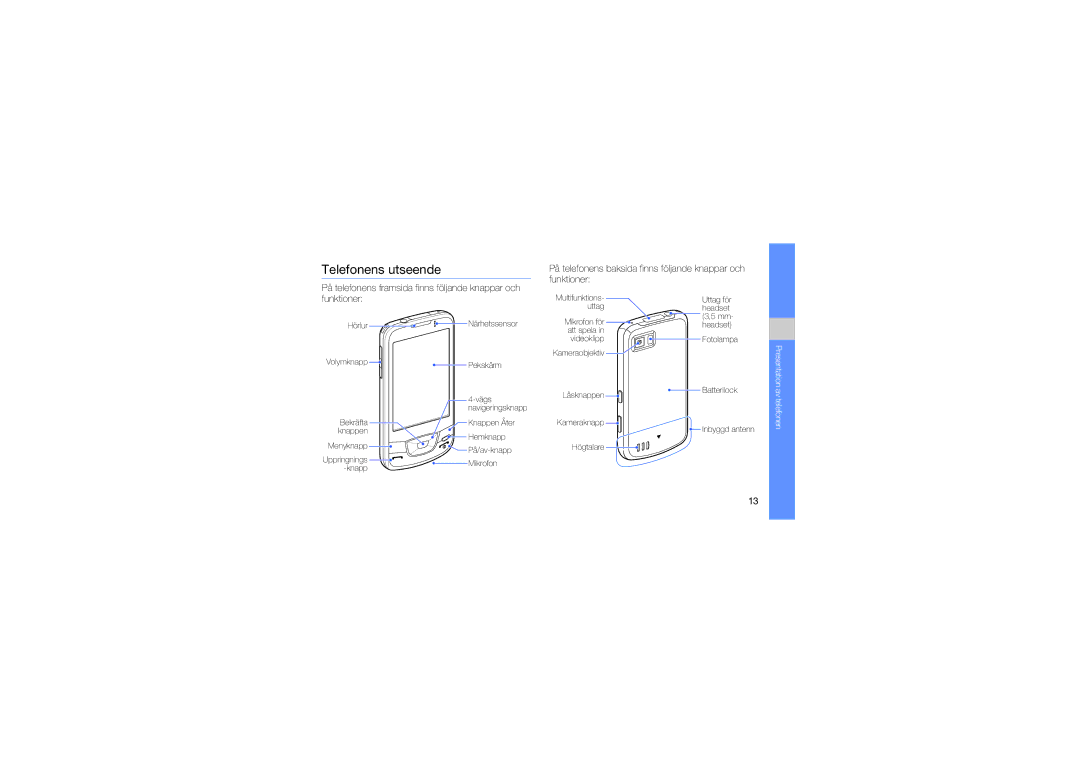 Samsung GT-I7500OKAXEE manual Telefonens utseende, På telefonens baksida finns följande knappar och funktioner 