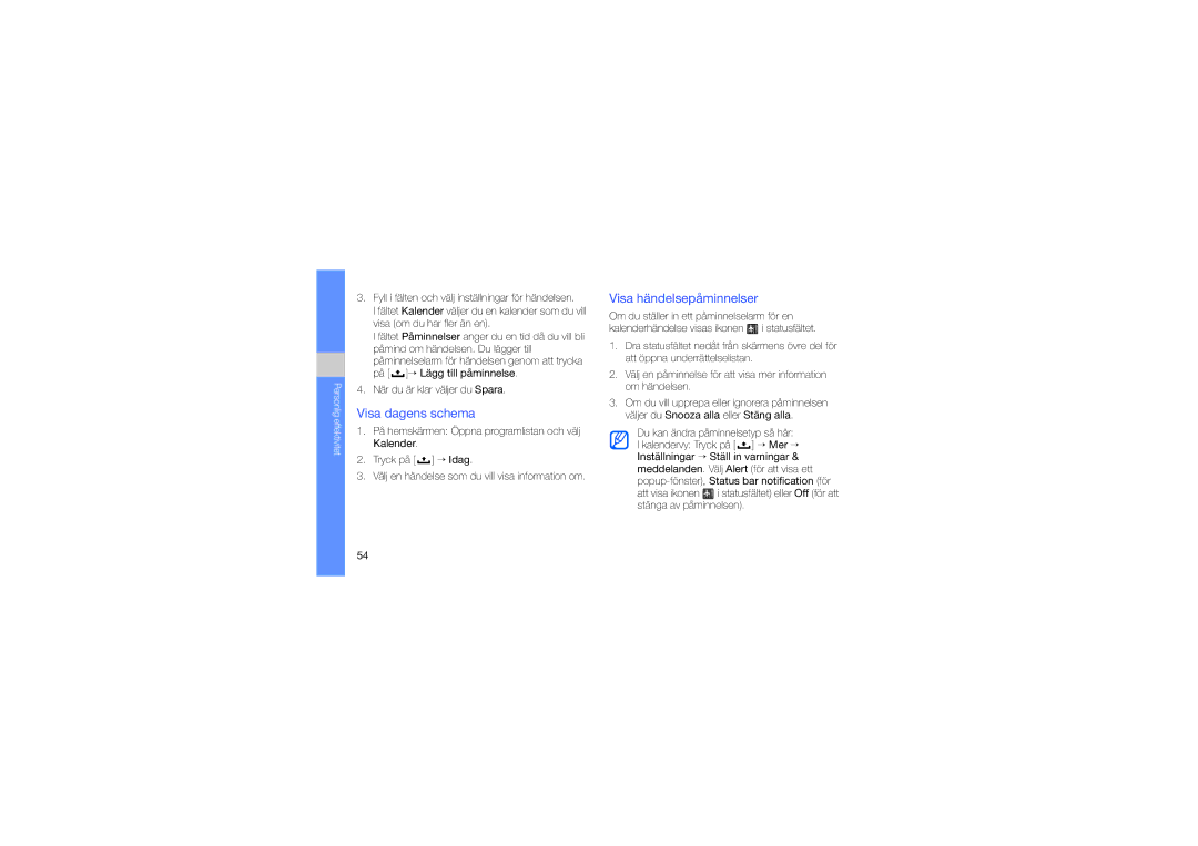 Samsung GT-I7500OKAXEE manual Visa dagens schema, Visa händelsepåminnelser 