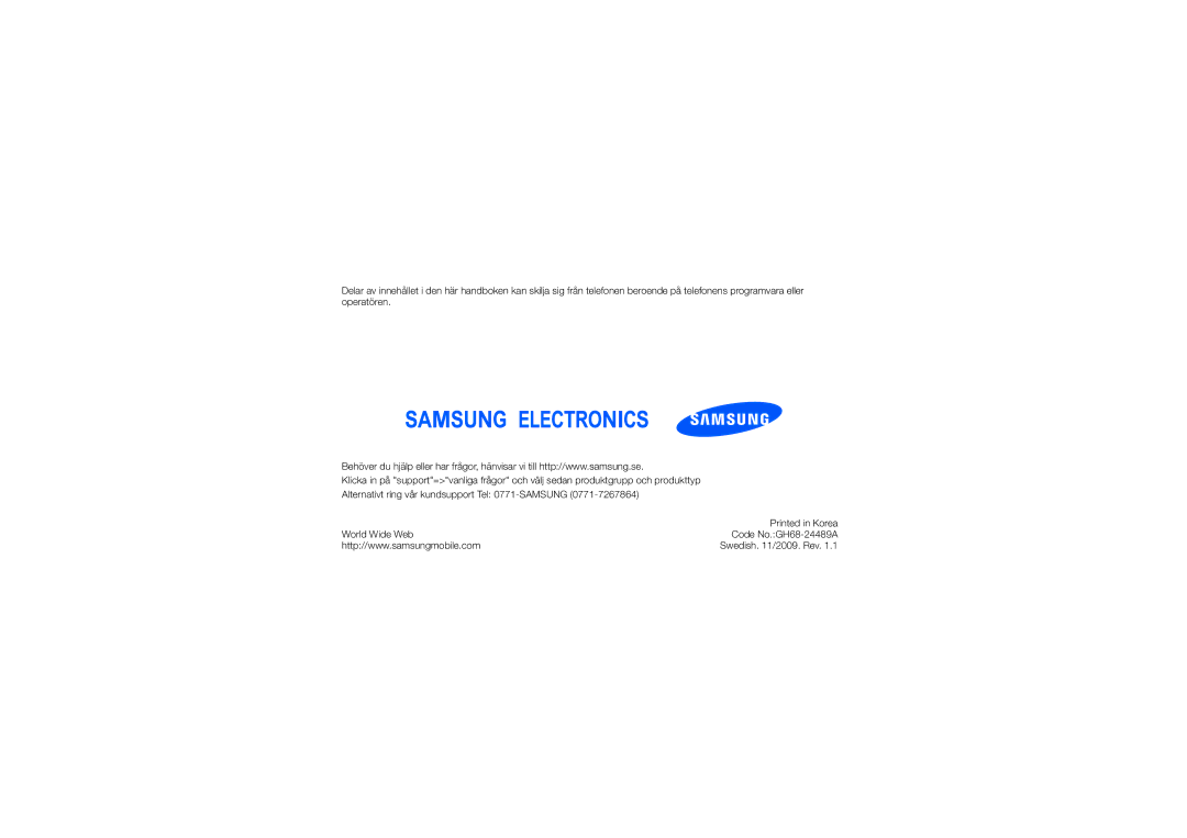 Samsung GT-I7500OKAXEE manual Swedish /2009. Rev 