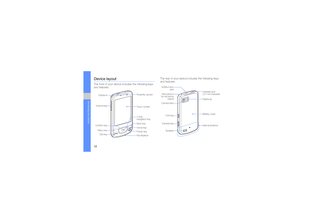 Samsung GT-I7500OKAOMN, GT-I7500OKBEPL manual Device layout, Rear of your device includes the following keys and features 