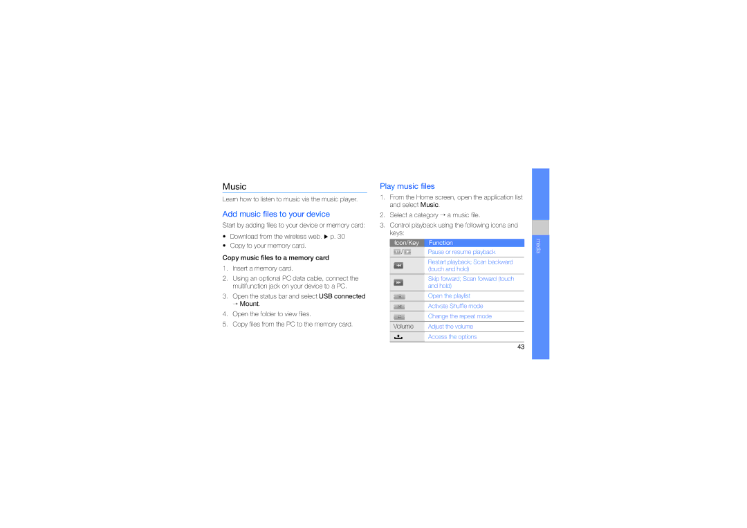 Samsung GT-I7500OKATRC, GT-I7500OKBEPL, GT-I7500OKAVIA manual Music, Add music files to your device, Play music files 