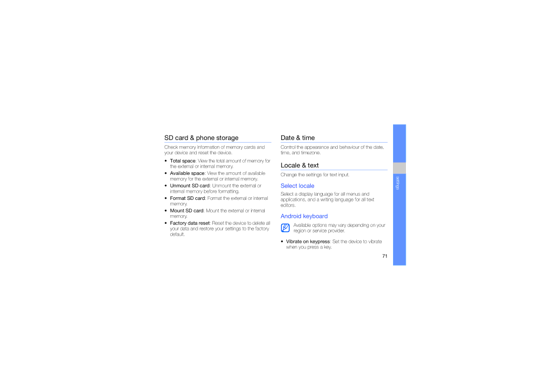 Samsung GT-I7500OKAXCS manual SD card & phone storage, Date & time, Locale & text, Select locale, Android keyboard 