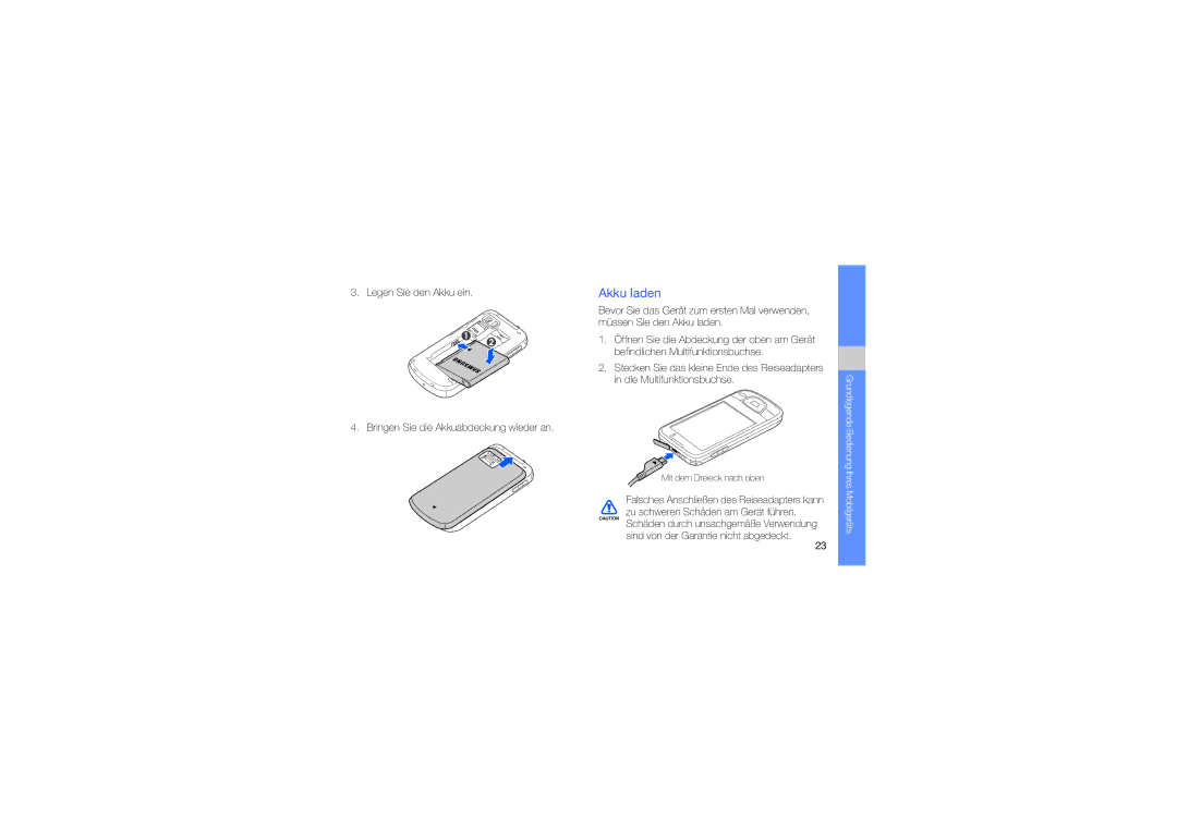 Samsung GT-I7500OKAEPL, GT-I7500OKBEPL, GT-I7500OKAVIA, MUGI7500WSASTD, GT-I7500OKATRC, GT-I7500WSAVIA manual Akku laden 