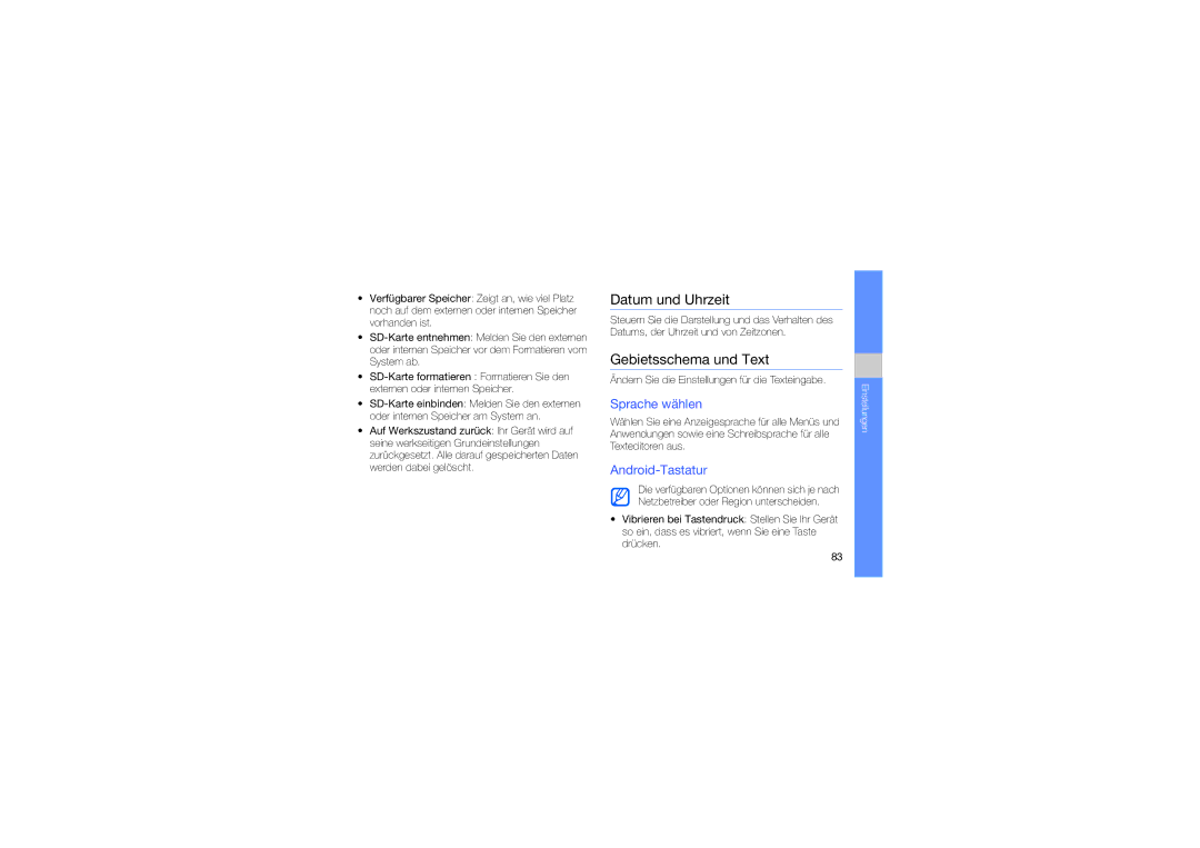 Samsung GT-I7500SBADBT, GT-I7500OKBEPL manual Datum und Uhrzeit, Gebietsschema und Text, Sprache wählen, Android-Tastatur 