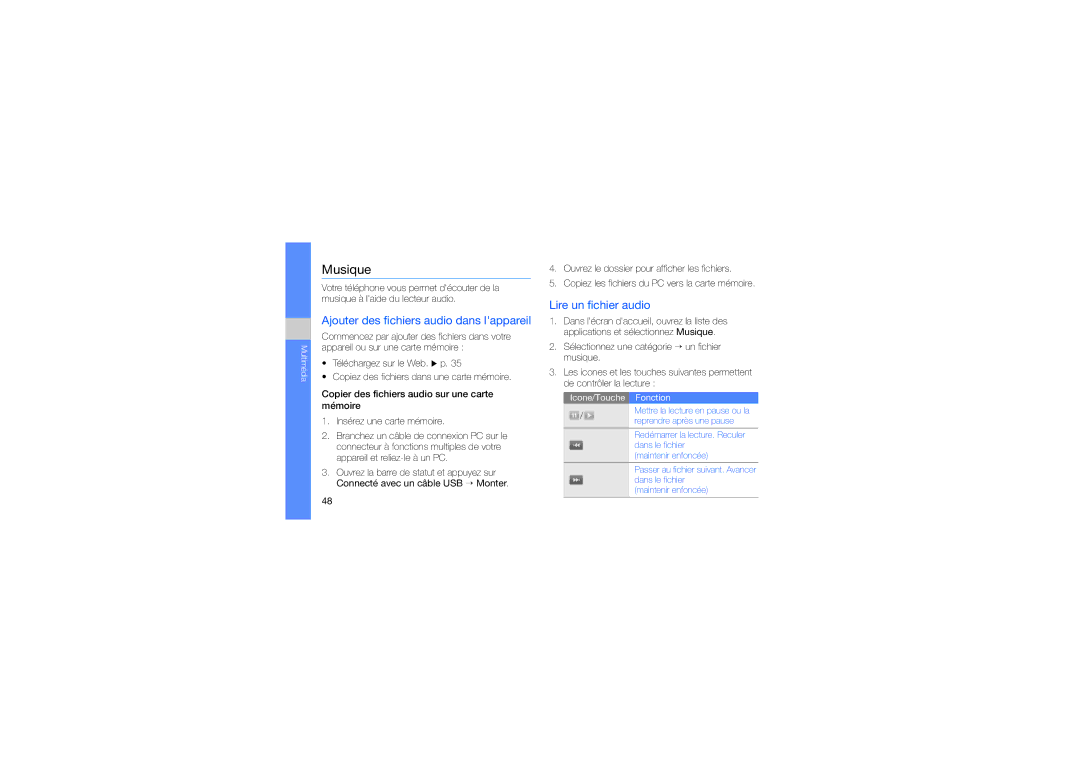 Samsung GT-I7500OKABOG, GT-I7500TSASFR manual Musique, Ajouter des fichiers audio dans lappareil, Lire un fichier audio 