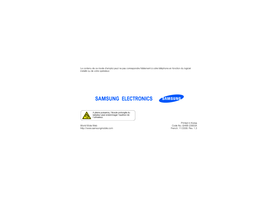 Samsung GT-I7500OKASFR, GT-I7500TSASFR, GT-I7500OKAXEF, GT-I7500OKABOG manual World Wide Web Code No.GH68-23950A 