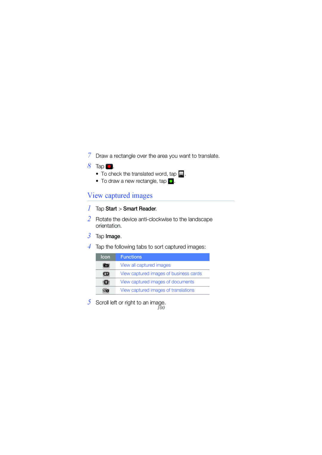 Samsung GT I8000 user manual View captured images, Draw a rectangle over the area you want to translate Tap 