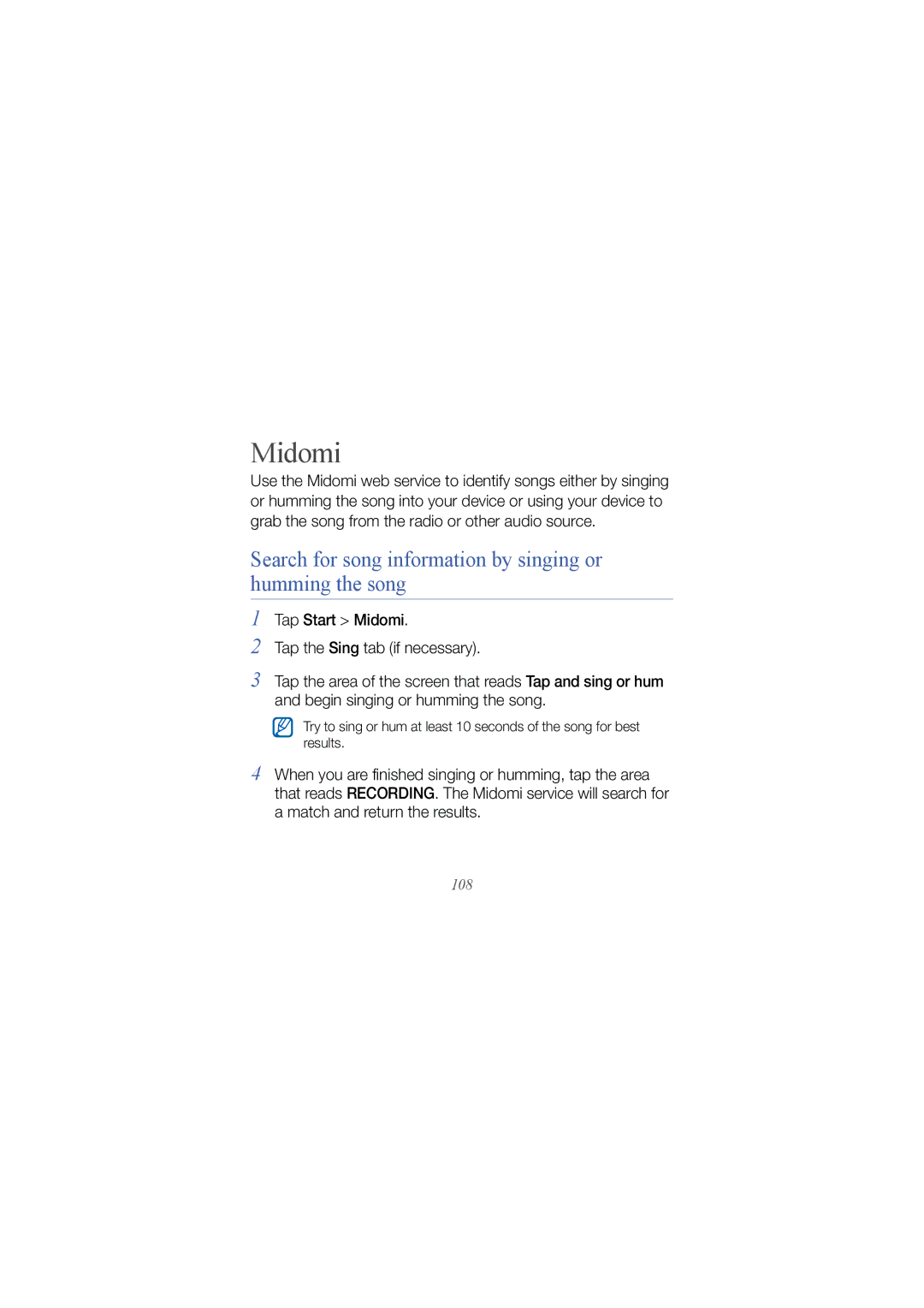 Samsung GT I8000 user manual Midomi, Search for song information by singing or humming the song 