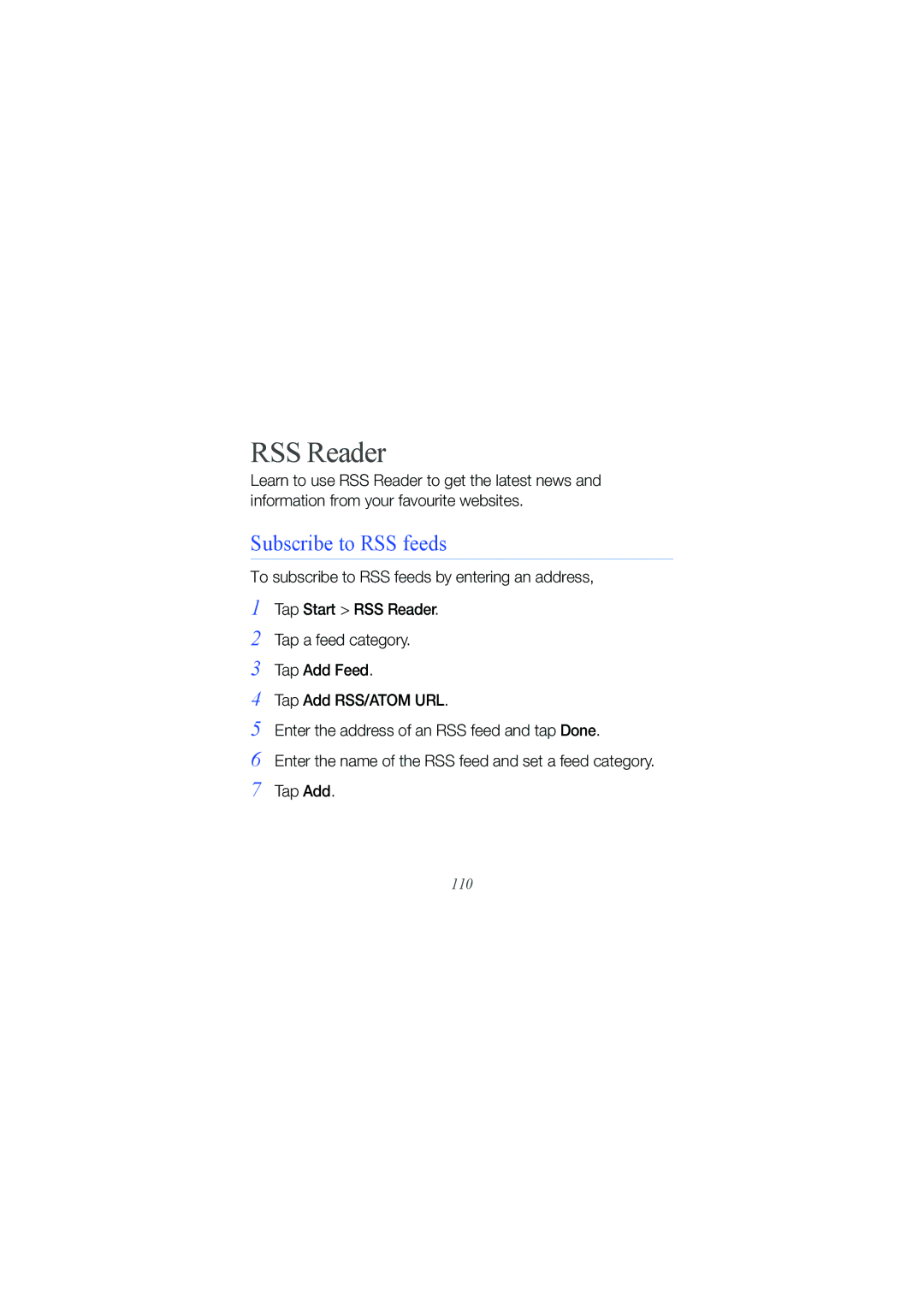 Samsung GT I8000 user manual RSS Reader, Subscribe to RSS feeds 