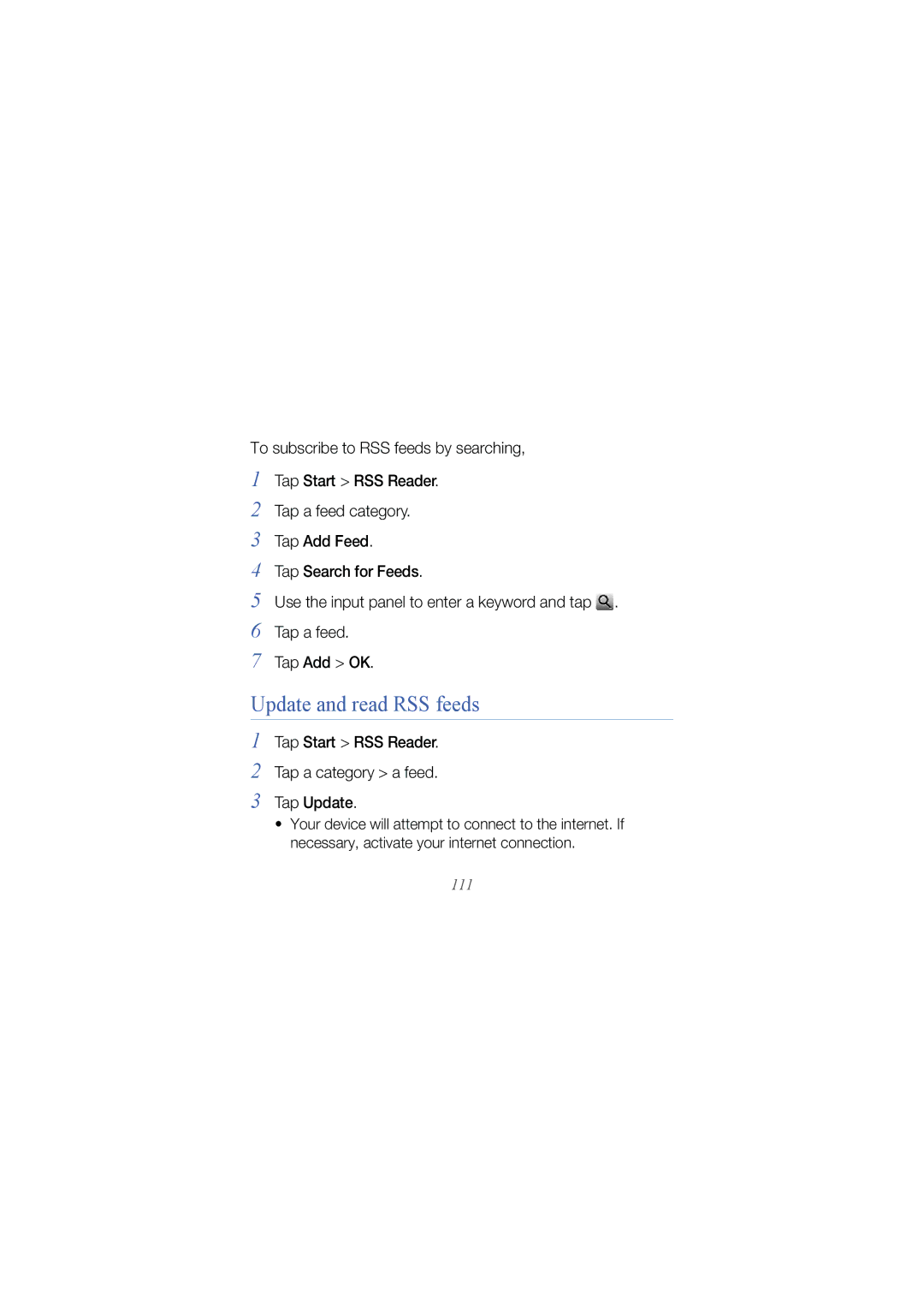 Samsung GT I8000 user manual Update and read RSS feeds, Tap Start RSS Reader Tap a category a feed Tap Update 