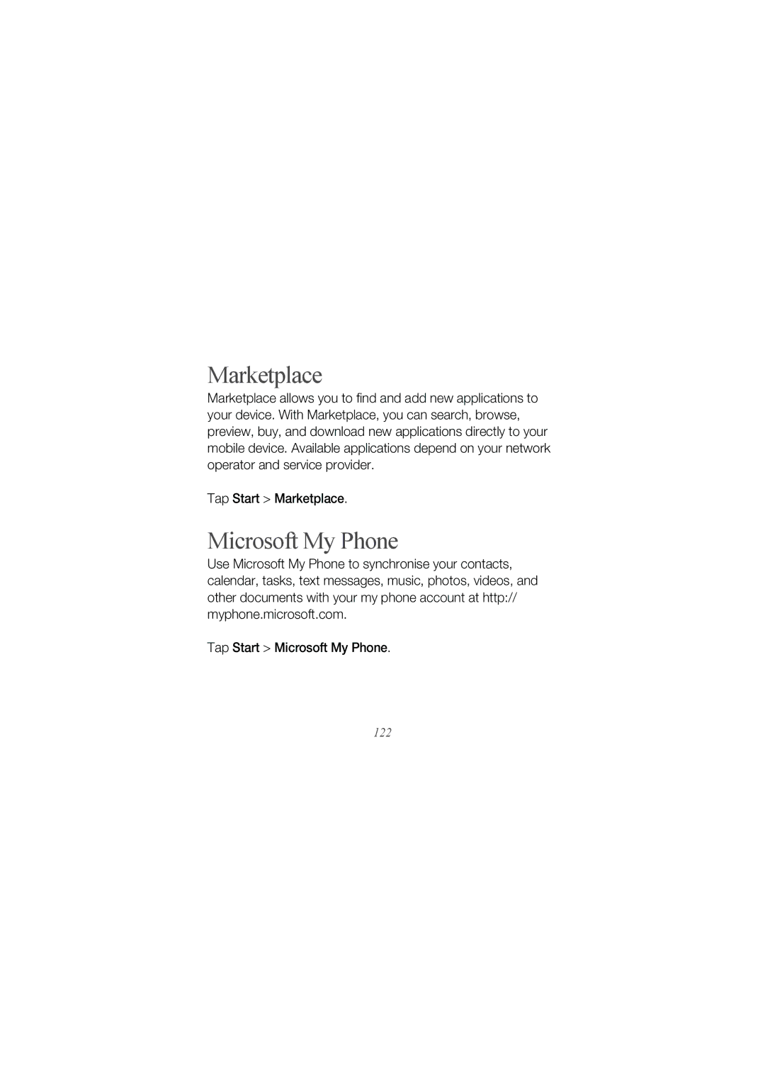 Samsung GT I8000 user manual Marketplace, Microsoft My Phone 