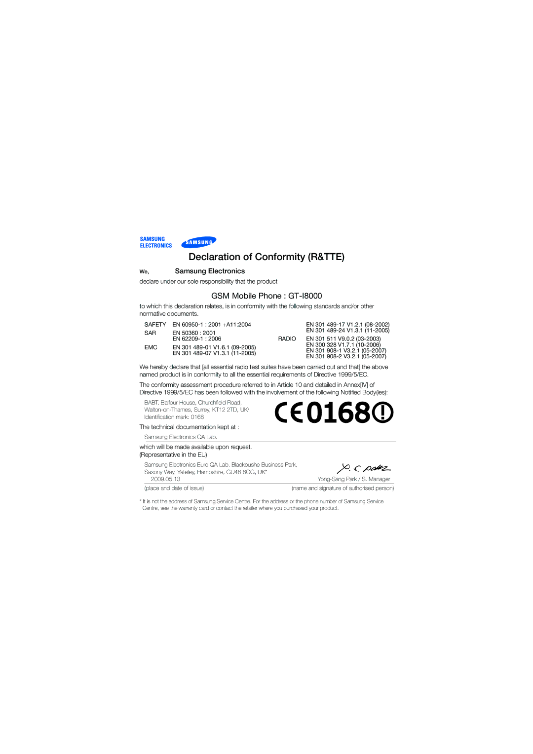 Samsung GT I8000 user manual Declaration of Conformity R&TTE 