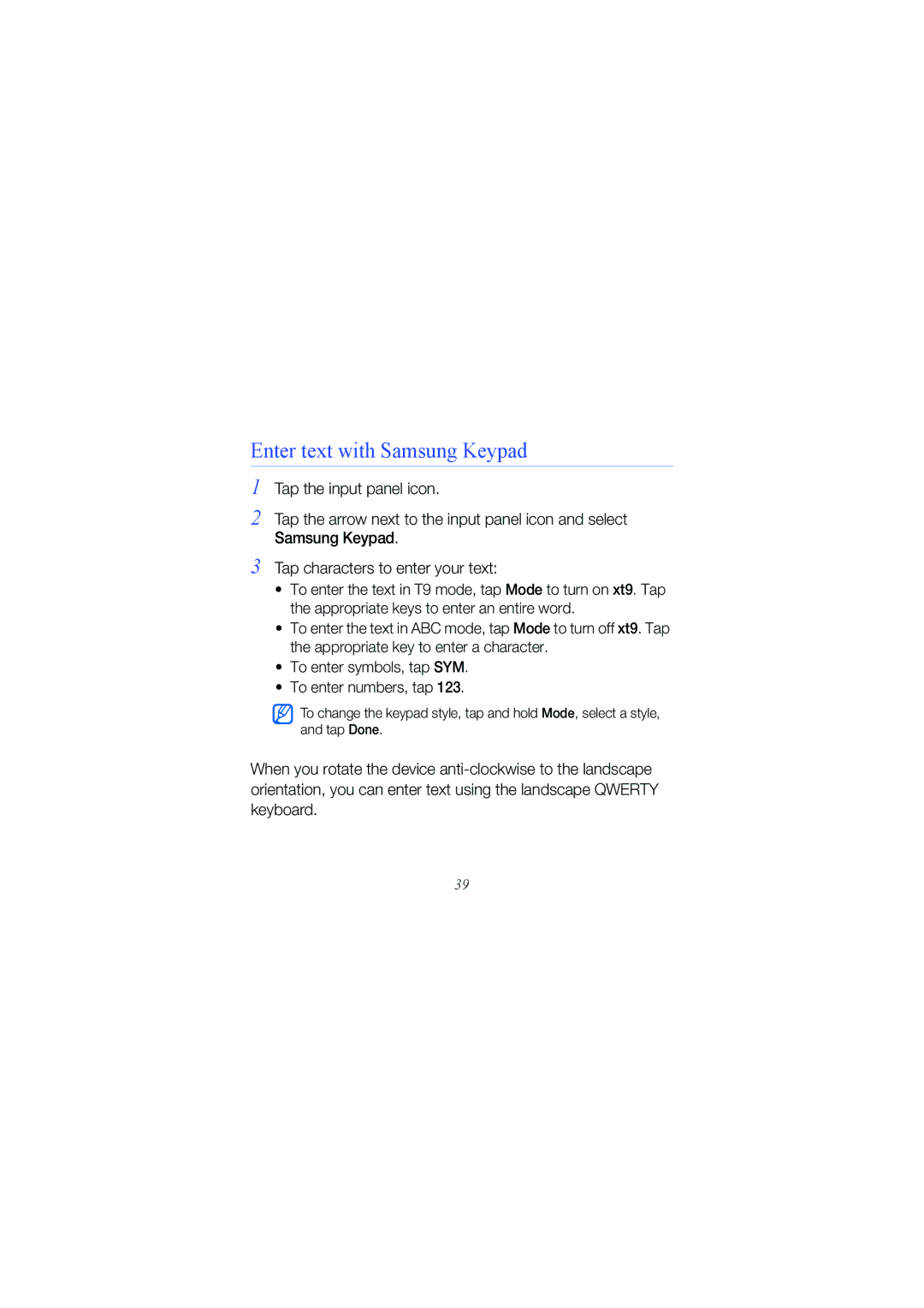 Samsung GT I8000 user manual Enter text with Samsung Keypad 