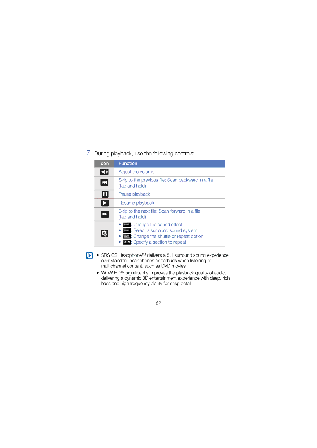 Samsung GT I8000 user manual During playback, use the following controls 