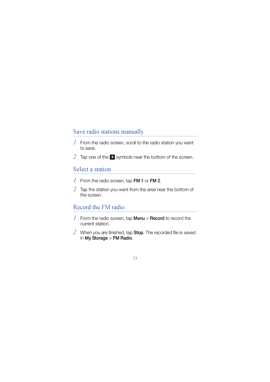 Samsung GT I8000 user manual Save radio stations manually, Select a station, Record the FM radio 