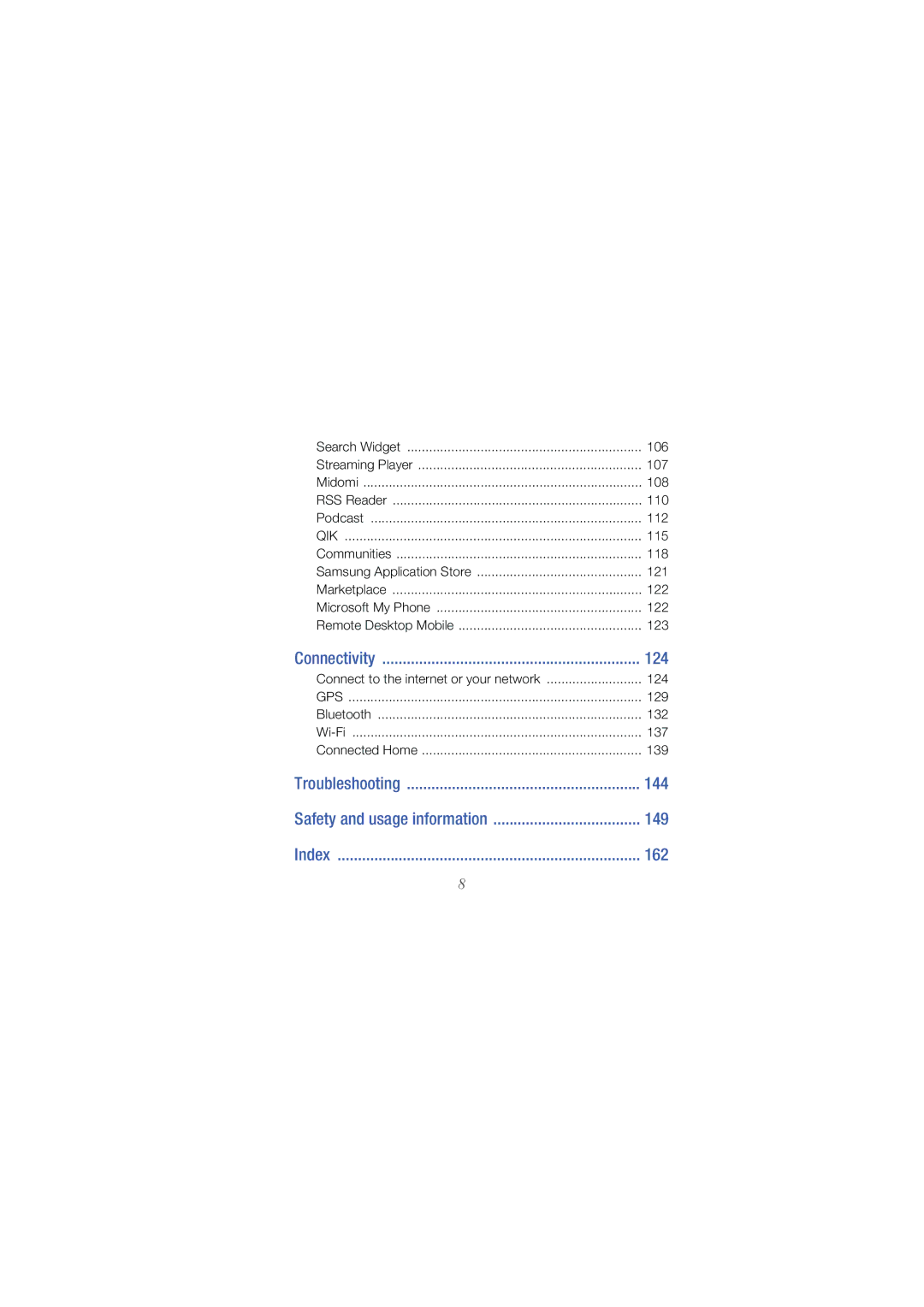 Samsung GT I8000 user manual 124, 144, 149, 162 