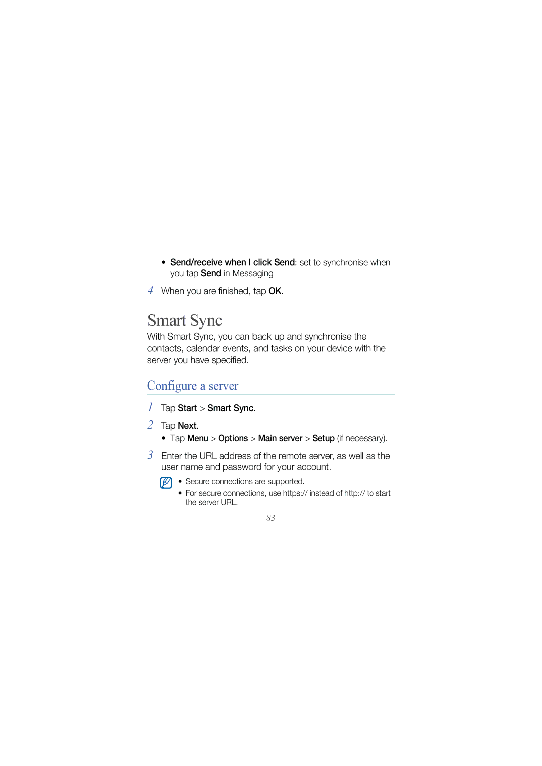 Samsung GT I8000 user manual Configure a server, Tap Start Smart Sync Tap Next 