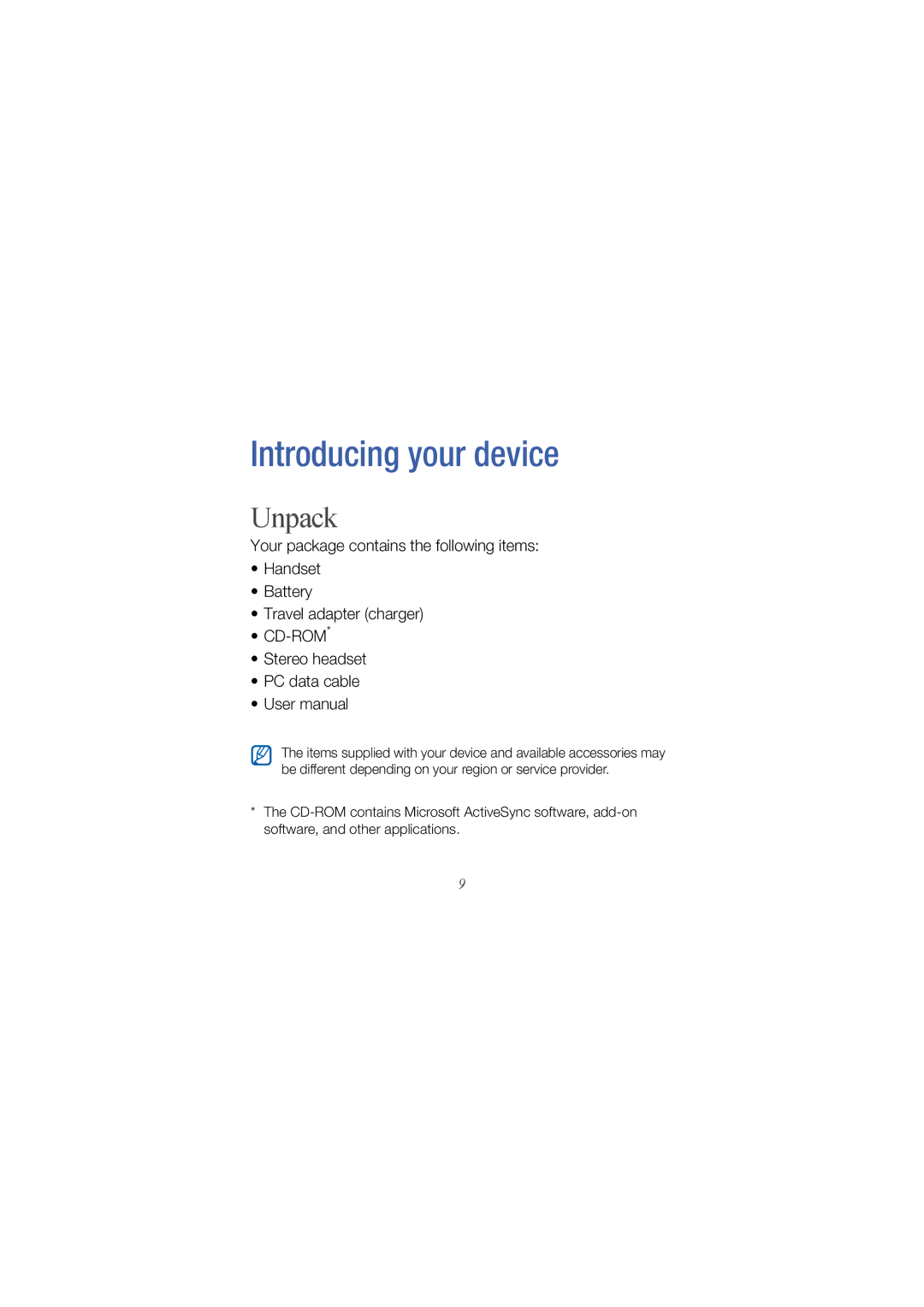 Samsung GT I8000 user manual Unpack, Stereo headset PC data cable 