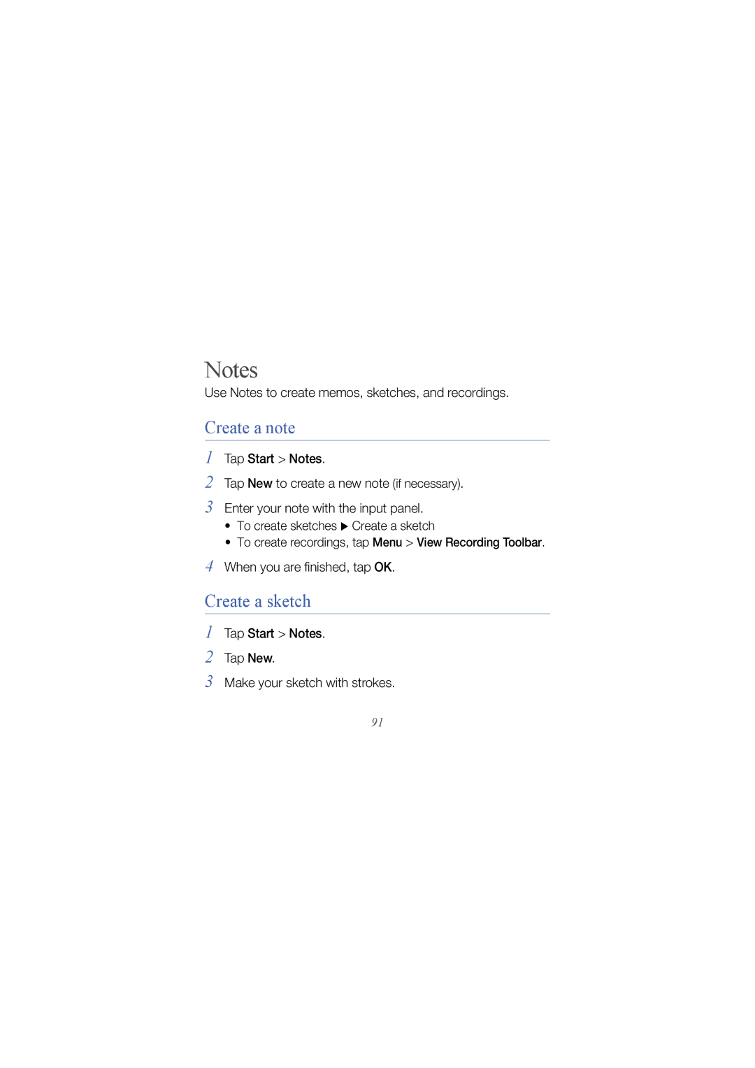 Samsung GT I8000 Create a note, Create a sketch, Use Notes to create memos, sketches, and recordings, Tap Start Notes 