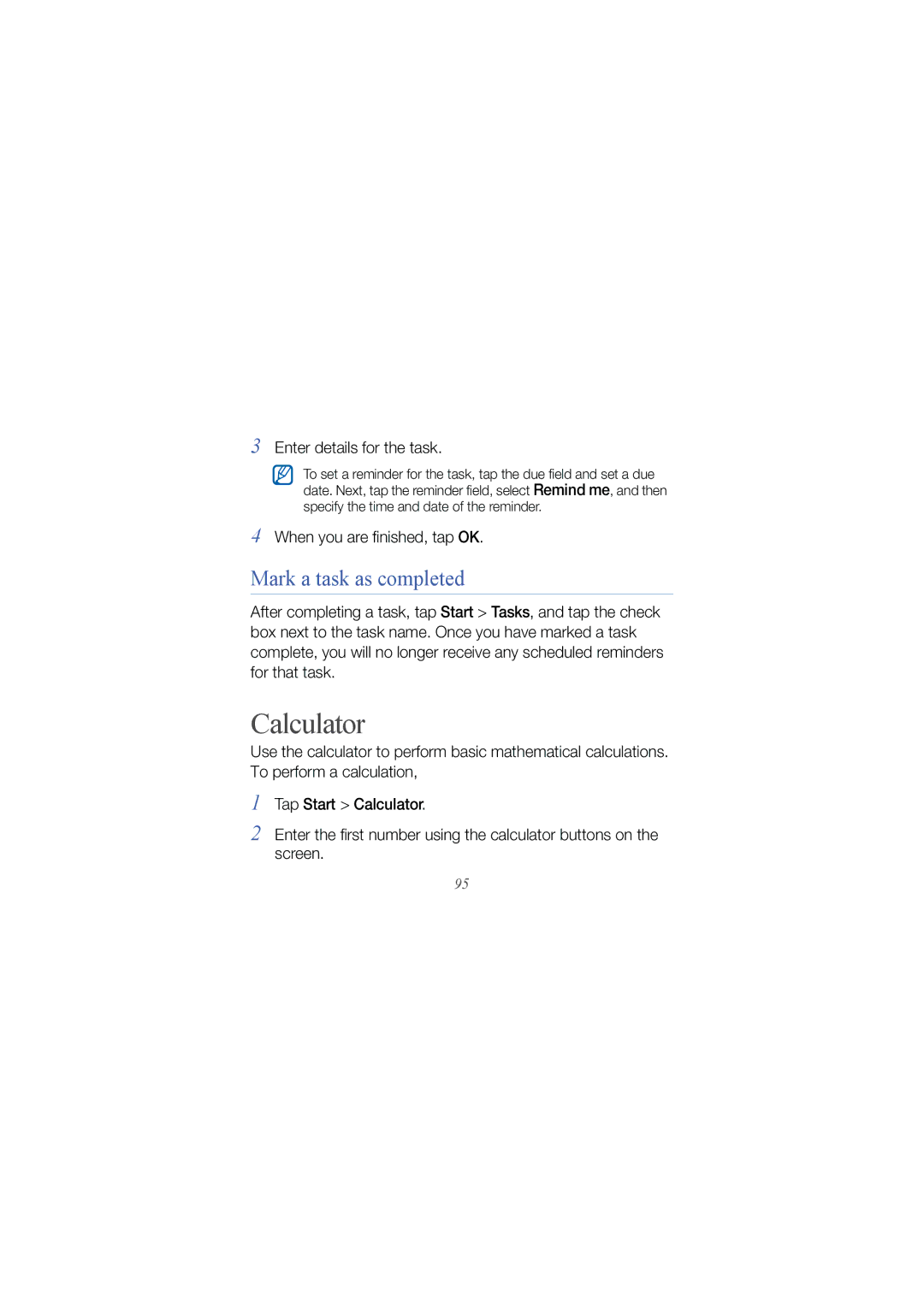 Samsung GT I8000 user manual Calculator, Mark a task as completed, Enter details for the task 