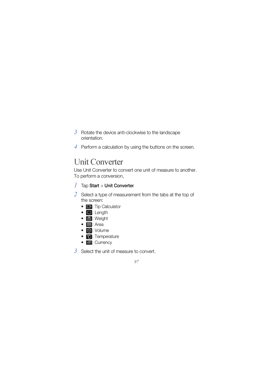 Samsung GT I8000 user manual Unit Converter, Select the unit of measure to convert 